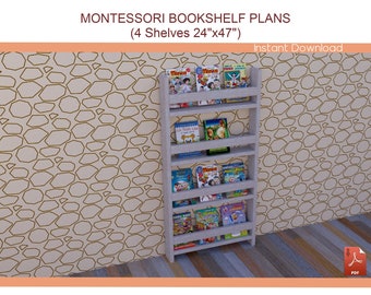 Montessori Bookshelf Plans, DIY Wooden Bookcase Plan for Kids - Kids Room Bookshelf Plans 24"x47"- Download PDF