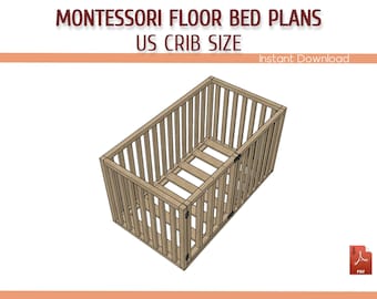 Crib Size with Rails Montessori Floor Bed Plans - Crib Size Wooden Floor Bed Frame with Door DIY Plans - Download PDF