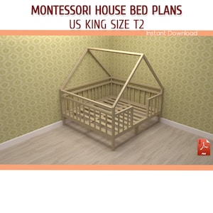 King Size Montessori Toddler House Bed with Slats Plans - DIY King Size Wooden Floor House Bed Frame Plan - Download PDF