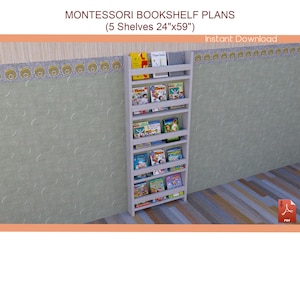 Montessori Bookcase Plans 24&quot;x59&quot; - DIY Wooden Bookshelf Plan for Kids, Kids Room Bookshelf Plans - Download PDF