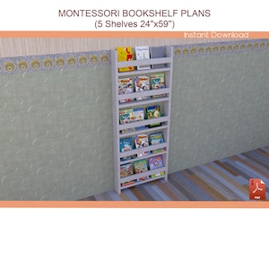 Montessori Bookcase Plans 24"x59" - DIY Wooden Bookshelf Plan for Kids, Kids Room Bookshelf Plans - Download PDF