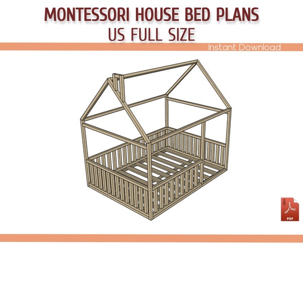 Full Size Montessori Toddler House Bed with Rails Plan - DIY Full Size Wooden Floor House Bed - Download PDF