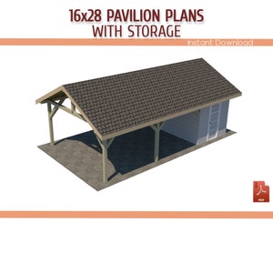 16'X28' Gable Pavilion with Storage Building Plans, DIY 16x28 Wooden Pavilion, Carport with Warehouse Plans - Download Priantable PDF