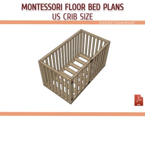 Crib Size with Rails Montessori Floor Bed Plans - Crib Size Wooden Floor Bed Frame with Door DIY Plans - Download PDF