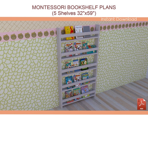Montessori Bookshelf Plans - Wooden Bookcase  DIY Plan for Kids, Kids Room Bookshelf Plans 32"x59"- Download PDF