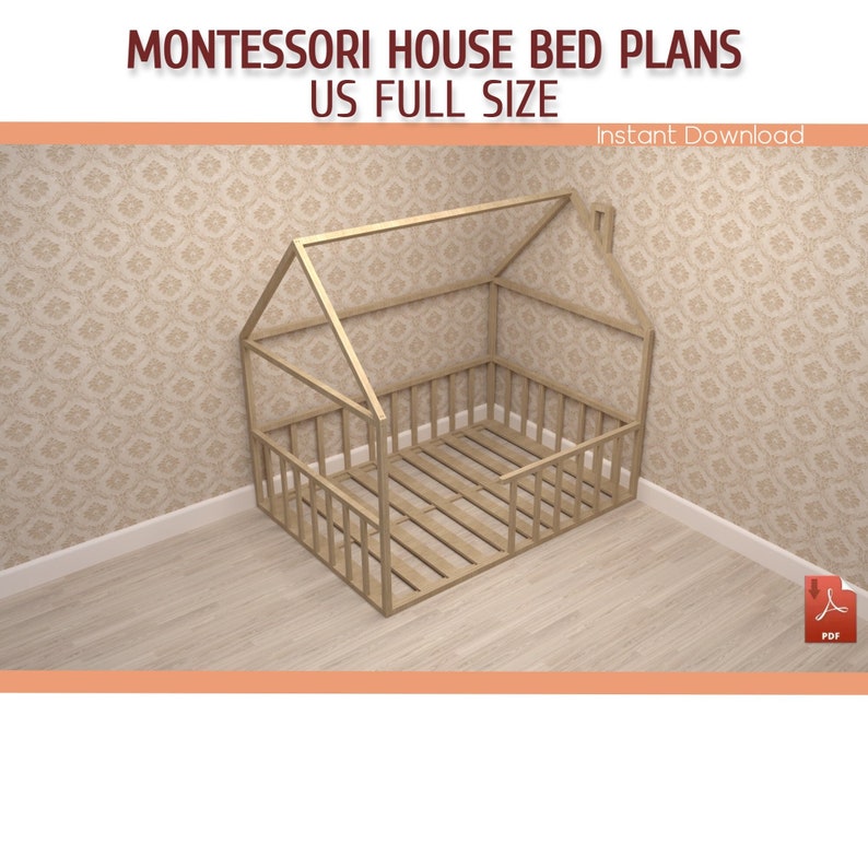 Montessori Toddler House Bed With Rails Plan DIY Full Size Etsy
