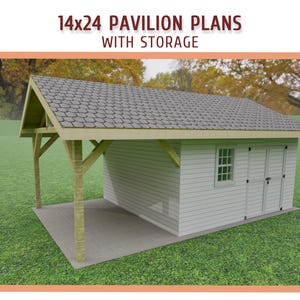 14x24 Gable Pavilion with Storage Building Plans - DIY 14x24 Pavilion, Carport with Warehouse Plans - Download Printable PDF