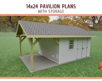 14x24 Gable Pavilion with Storage Building Plans - DIY Carport (Download Printable PDF)