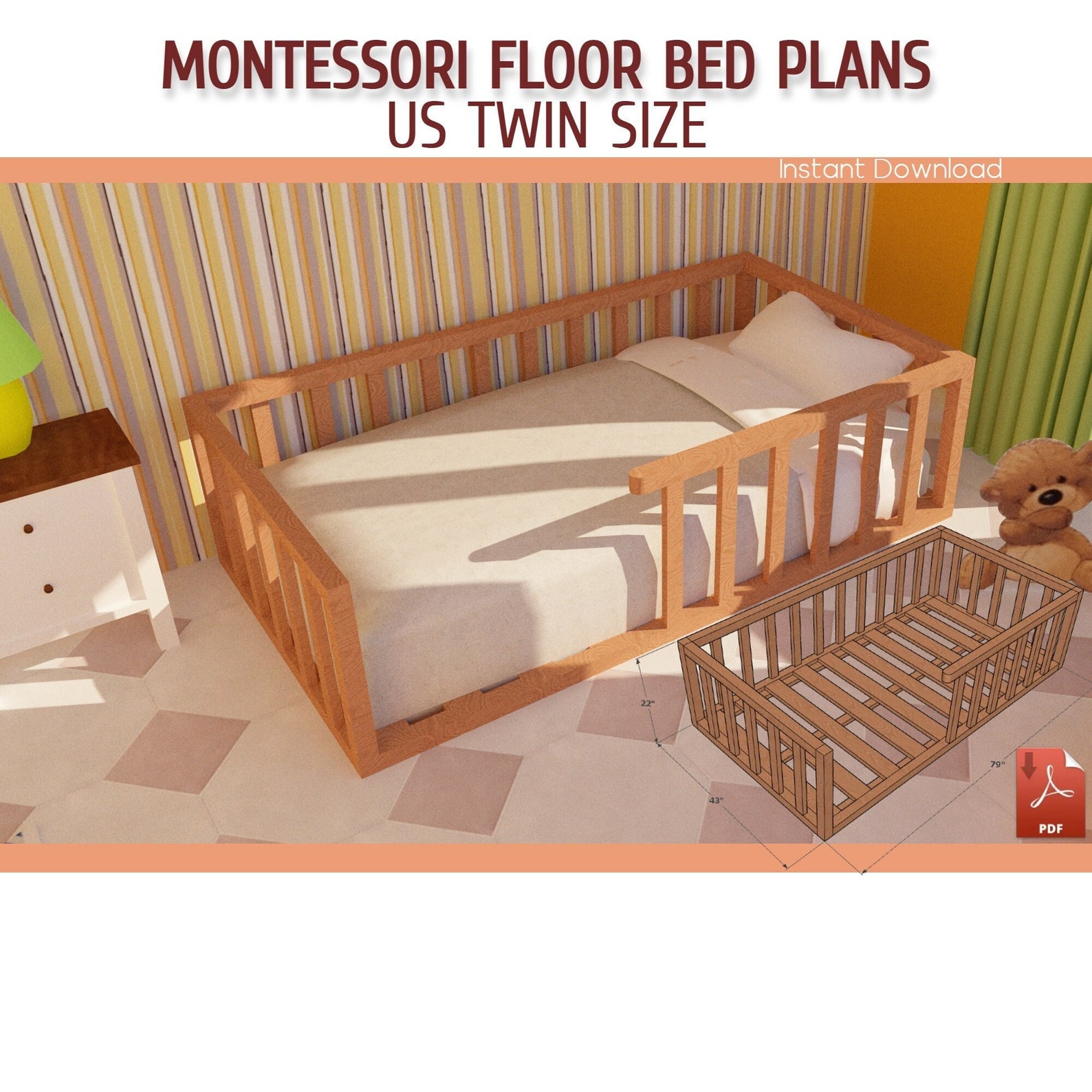 Montessori Toddler Floor Bed With Rails Plan DIY US Twin Etsy