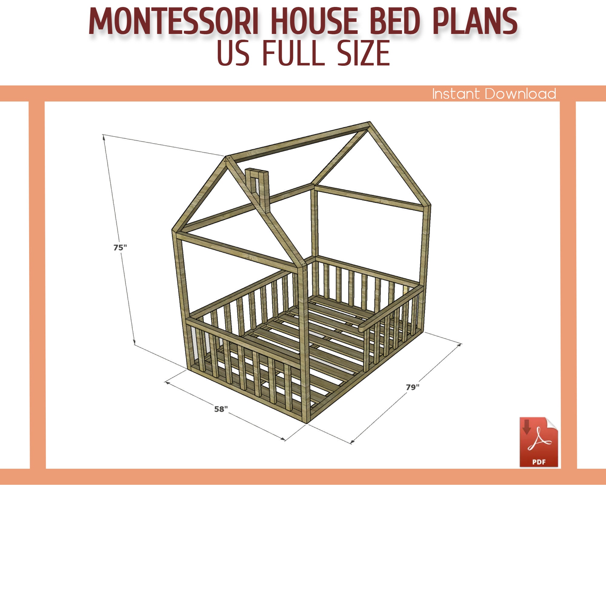 Montessori Toddler House Bed With Rails Plan DIY Full Size Etsy