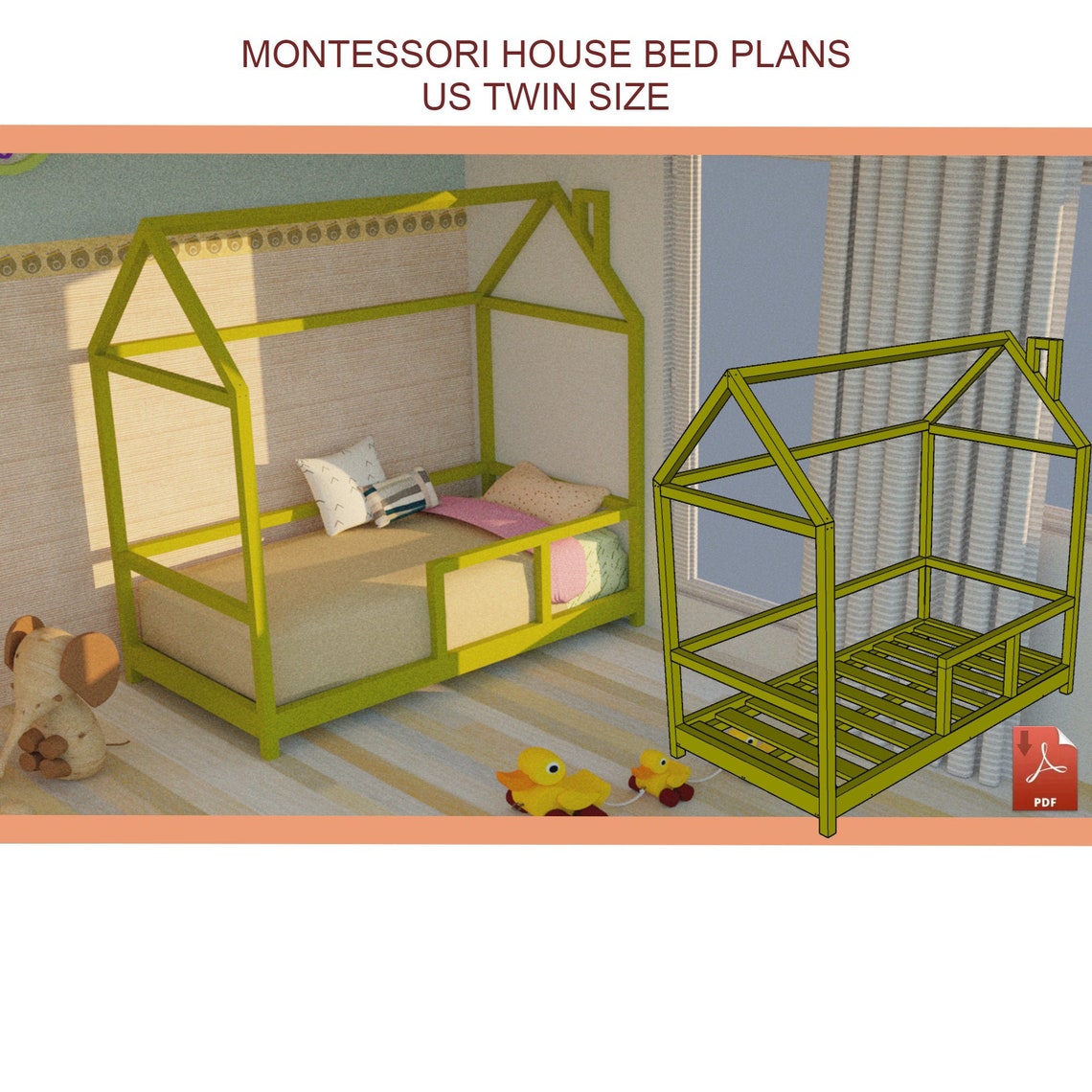Montessori Toddler House Bed Plan DIY Twin Size Wooden Floor Etsy