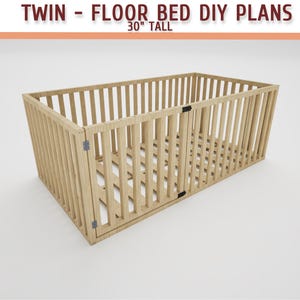 May include: A wooden twin-size floor bed frame with a slatted design. The frame is 30 inches tall and features a hinged door. The text "TWIN - FLOOR BED DIY PLANS" is displayed at the top.