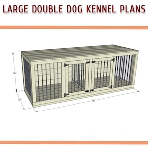 May include: A 3D rendering of a large double dog kennel plan. The kennel is 96 inches long, 36 inches wide, and 36 inches high. The kennel has two separate compartments with doors and a roof.