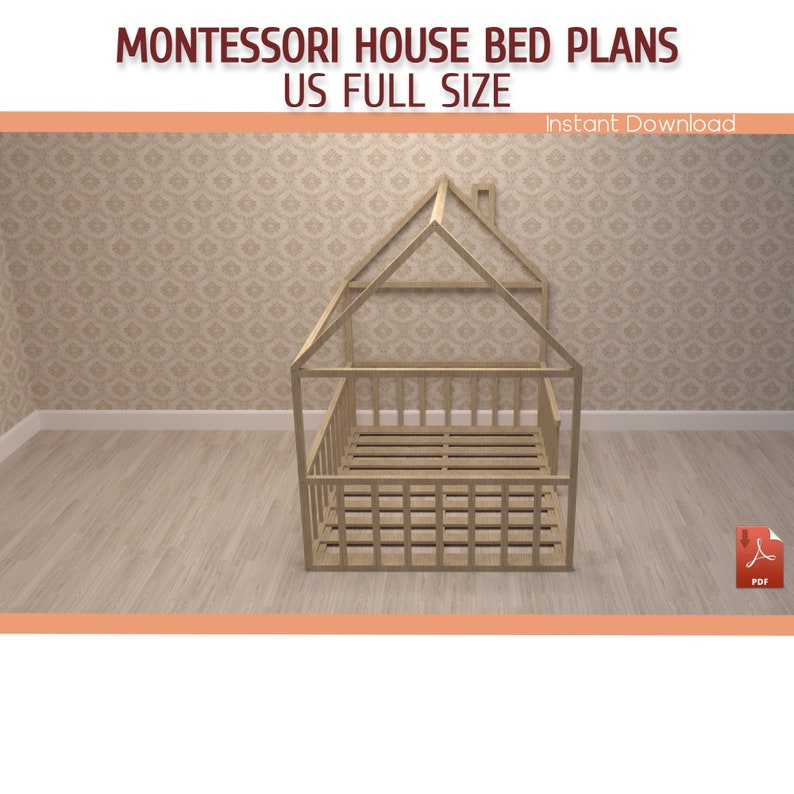 Montessori Toddler House Bed With Rails Plan DIY Full Size Etsy