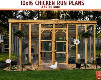 10x16 Walk-in Chicken Coop Run Plans – Large, Slanted Roof DIY (PDF Download)