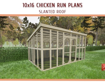 10x16 Walk-in Chicken Coop Run Plans – Large, Slanted Roof DIY (PDF Download)