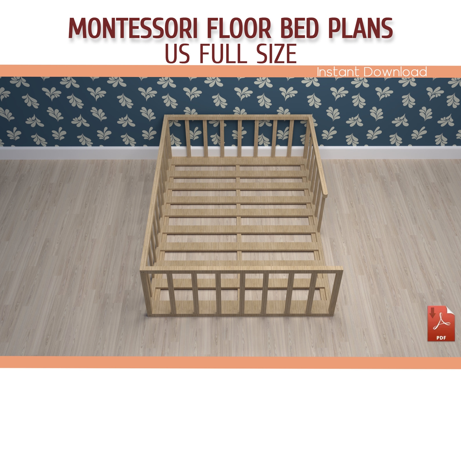 Montessori Floor Bed With Rails Plan for Toddler DIY Full Etsy