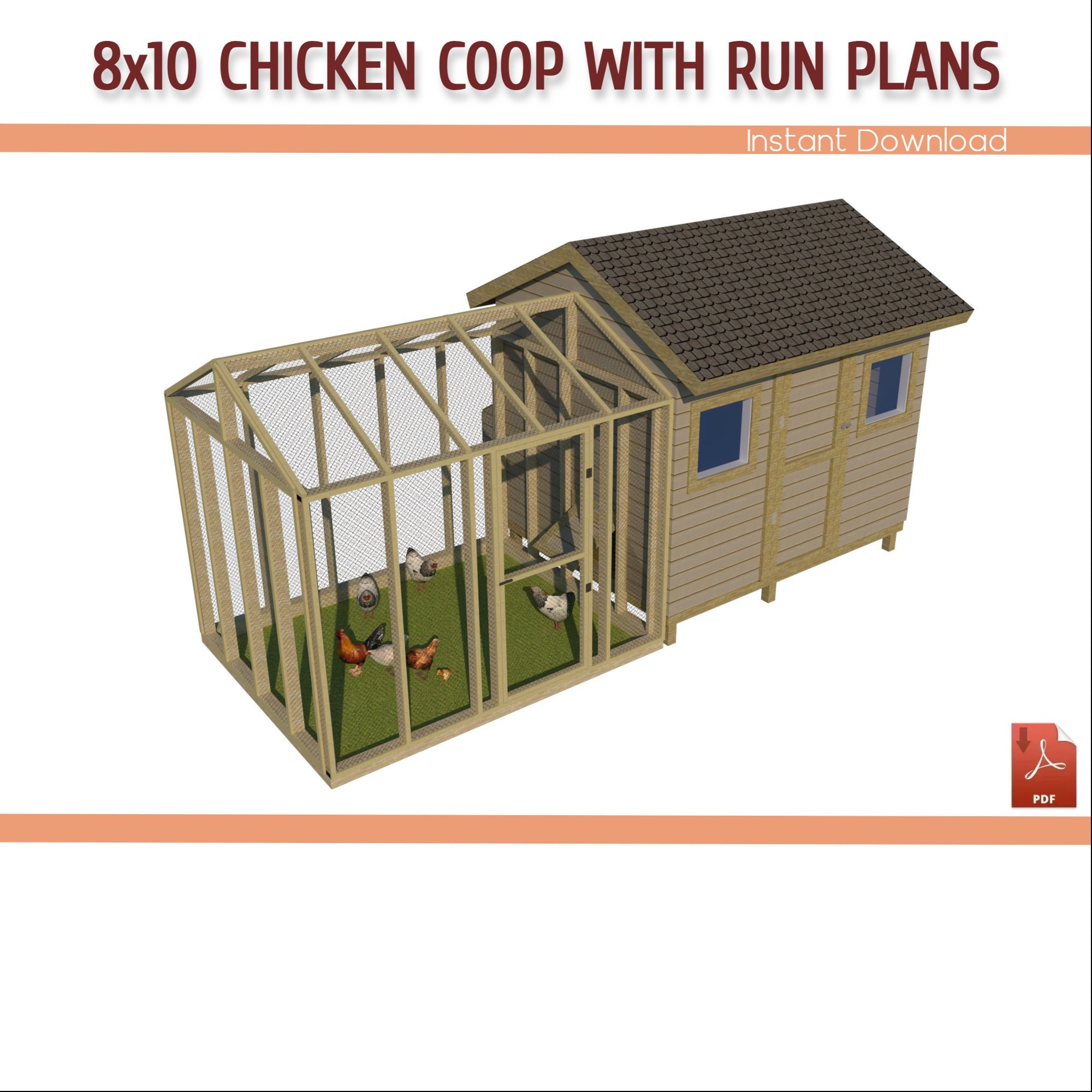 大型 8x10 鶏小屋と鶏舎の設計図 - 鶏舎付き 8x10 鶏小屋の設計