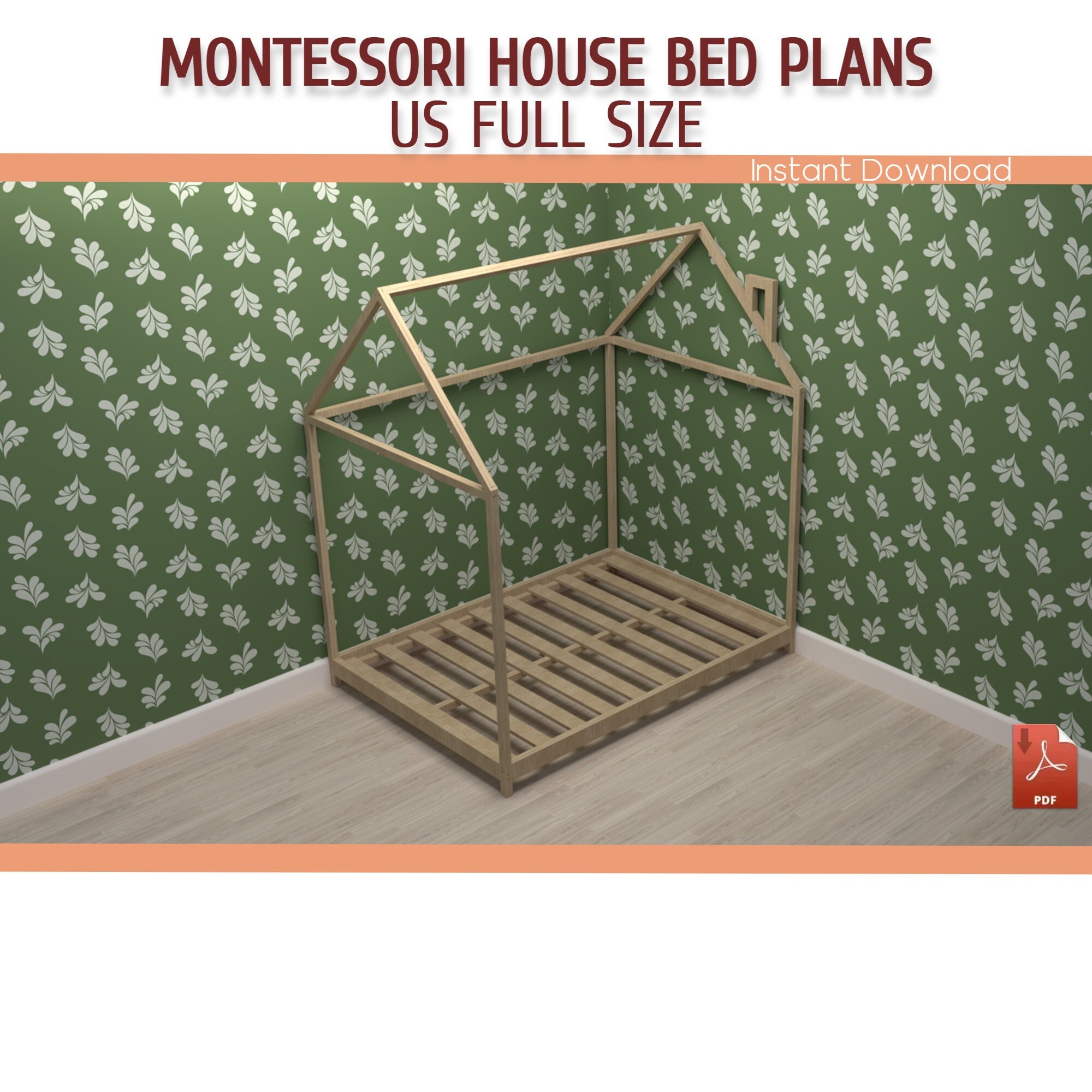 Montessori Toddler House Bed Frame Plan DIY Full Size Wooden Etsy