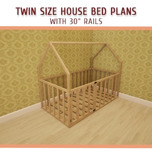 DIY Twin Size Montessori Toddler House Bed With Slats Plans -  Wooden House Bed Frame Plan With Door - Download PDF