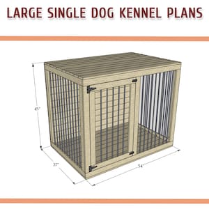 May include: Diagram of a large single dog kennel with dimensions of 37 inches by 54 inches by 45 inches. The kennel is made of wood and has a metal door.