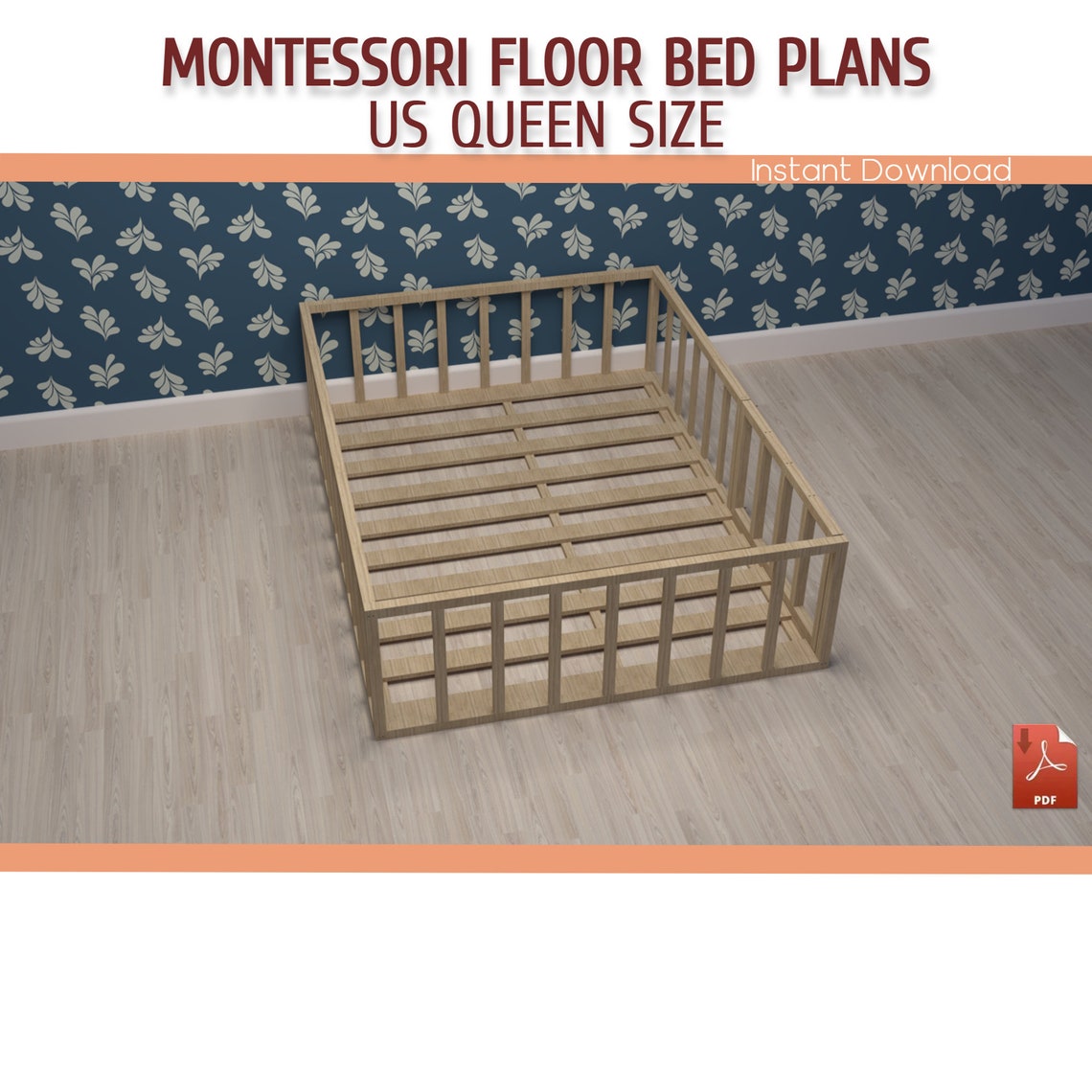 Montessori Bed Queen Size Toddler Floor Bed With Slats Plan Etsy
