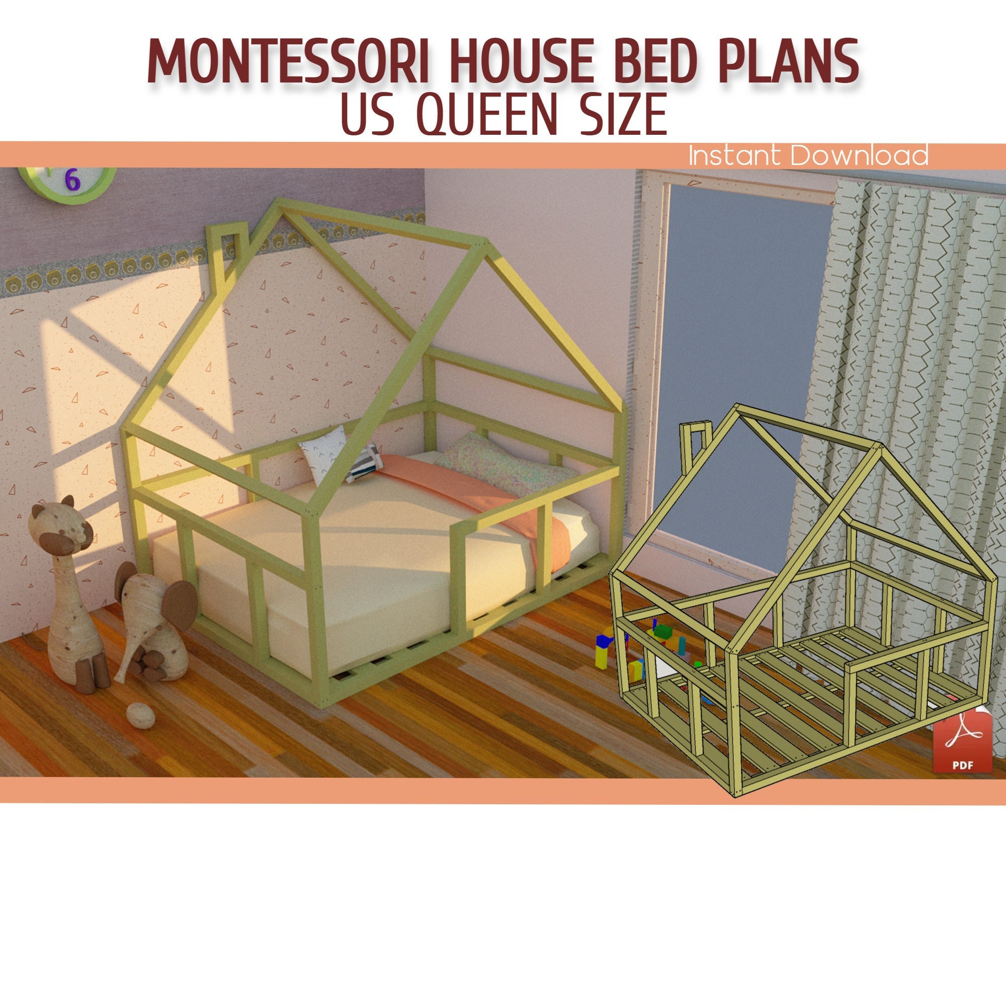 Montessori Floor Bed Plans Queen Size DIY Wooden Floor Bed Etsy