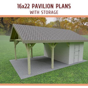 16x22 Gable Pavilion with Storage Building Plans - 16x22 Carport with Warehouse DIY Plans - Download Printable PDF