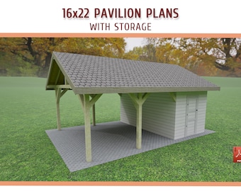 16x22 Gable Pavilion DIY Plans with Storage (PDF Downloadable Building Guide)