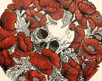 Poppy Skull Watercolor Hand-colored Original Handcarved Linocut Print Watercolor