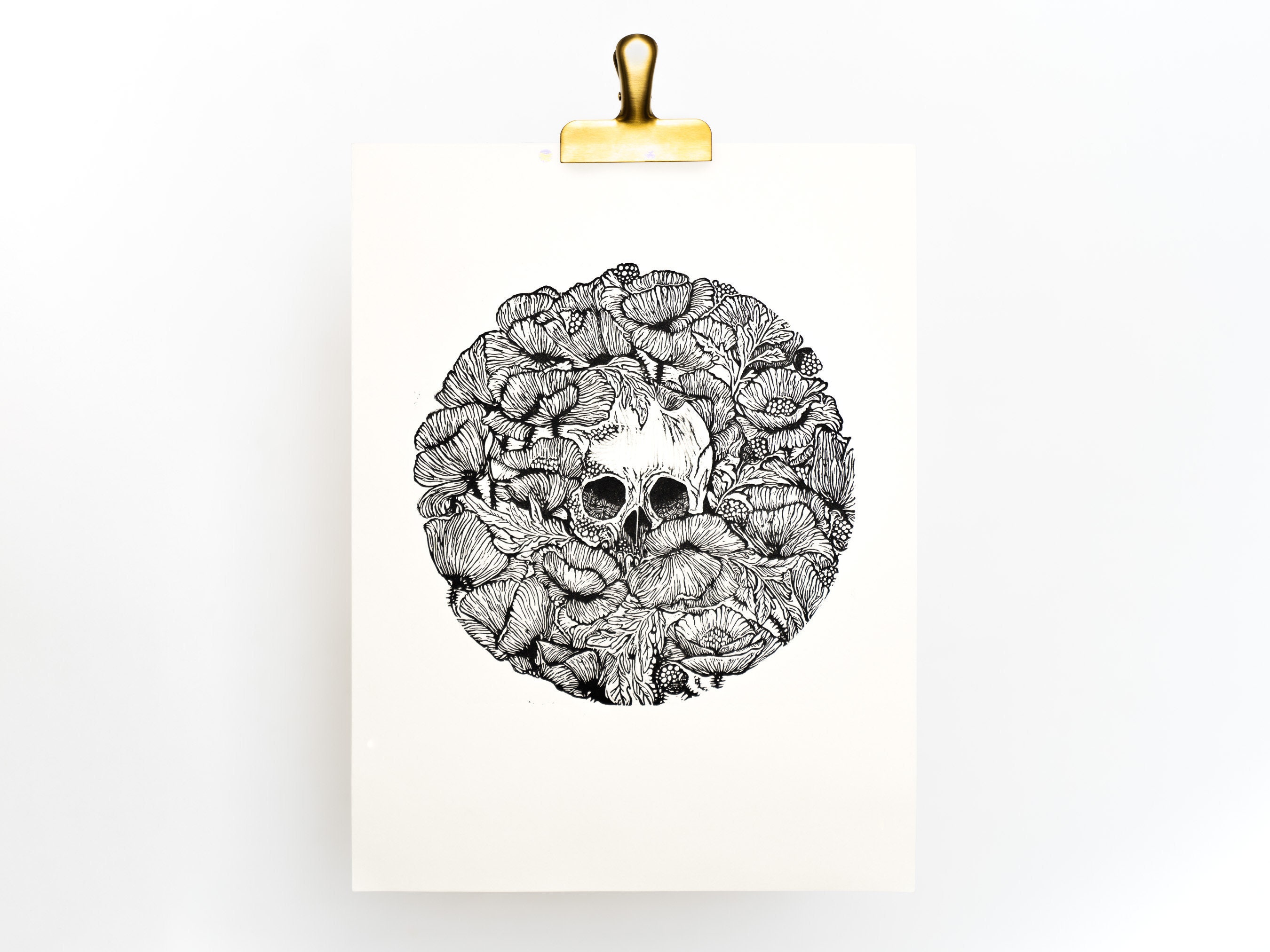 Poppy Skull Original Handcarved Linocut Print Black and White