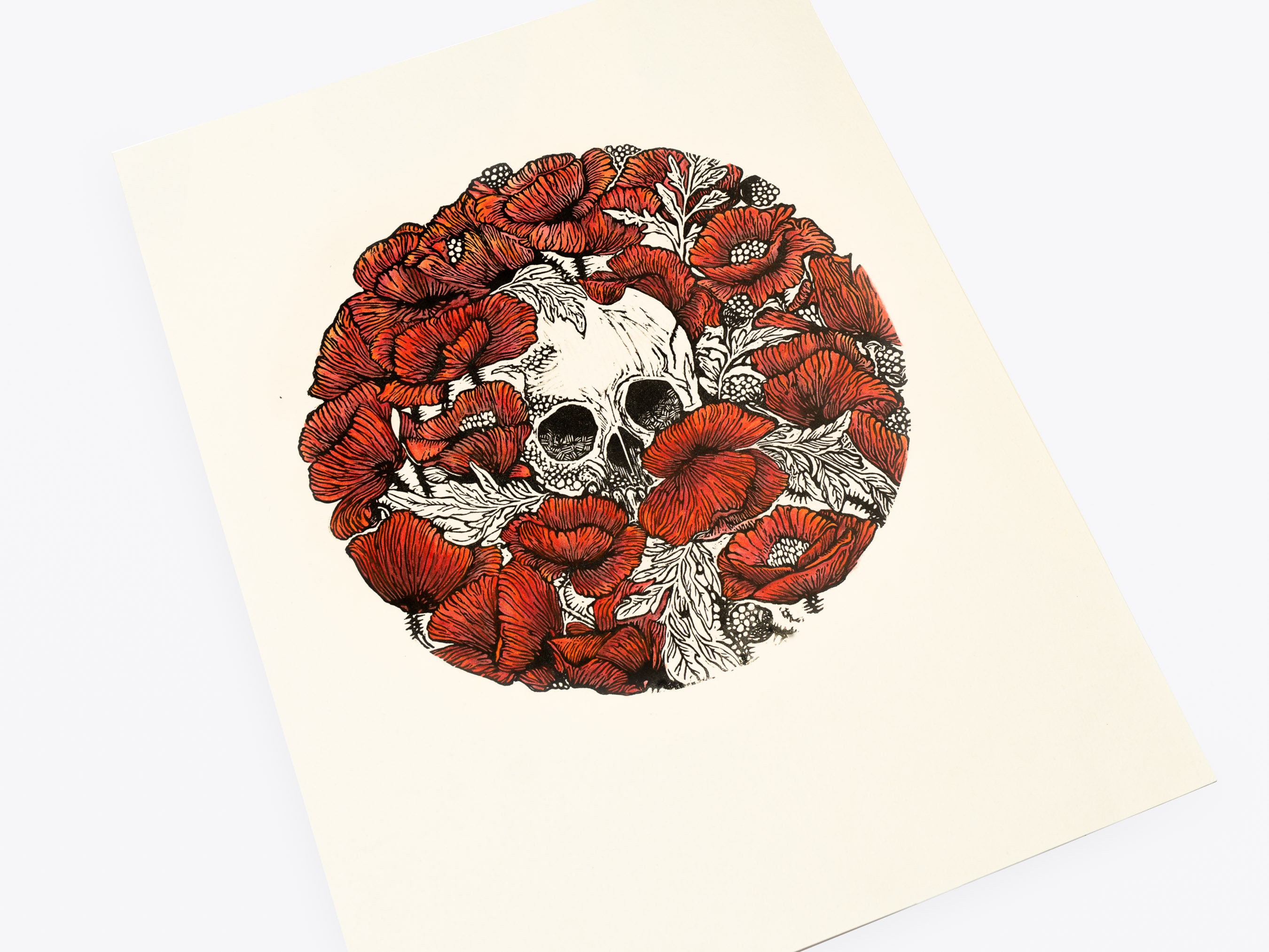 Poppy Skull Watercolor Hand-colored Original Handcarved Linocut Print Watercolor