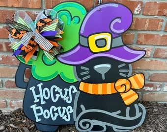 Fall Door Hanger, Halloween Cat Door Hanger, Fall Wreath, Witch Door Hanger, Fall Decorations, Halloween Decor, Cauldron Door Hanger