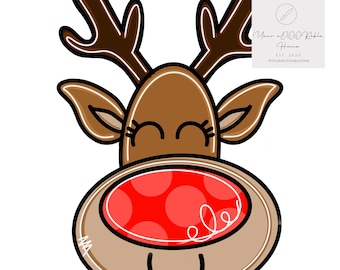 May include: A cartoon reindeer face with brown antlers, brown ears, and a red nose with white polka dots. The reindeer has closed eyes and a big smile. The text "Your Adorable Home" is in the background.