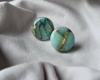 Polymer Clay Earrings|ESME|Gold|Green|Gemstone Look|Round|Plugs|