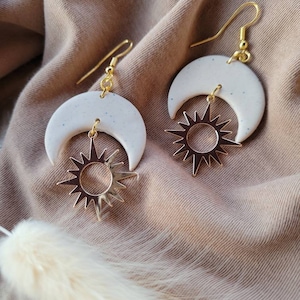 Polymerclay Earrings| GÜNEŞ| Sun| Moon| Gold| Earrings| Girlfriend| Gift| Beige|