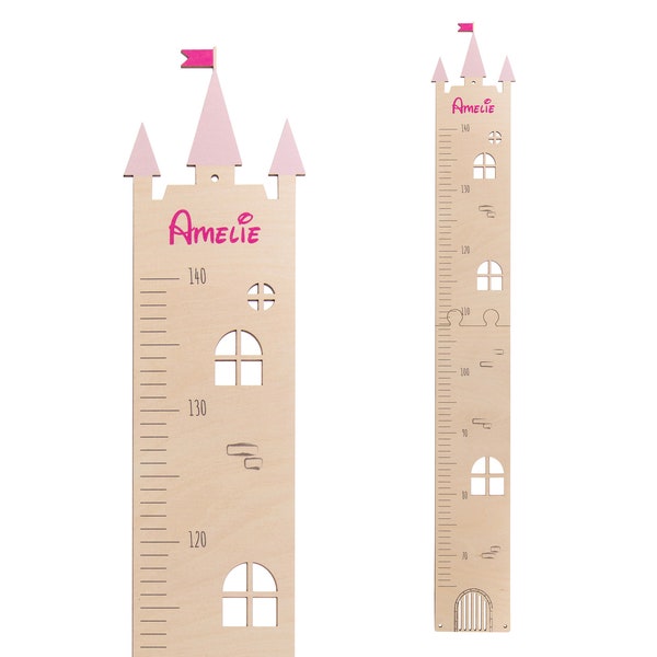 Personalisierte Kinder Messlatte 'Burg' aus Holz mit Wunschnamen, Motiv Prinzessinnenschloss, Schloss, Turm