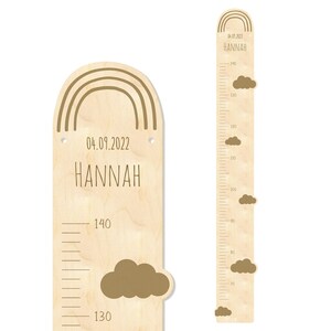 Vareta de medição infantil de madeira 'Harmony', régua de tamanho personalizada com o nome desejado, presente de bebê para nascimento, decoração de quarto infantil arco-íris