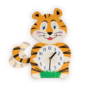 Children's clock 'Tiger' with pendulum, silent, without ticking, as a wall clock or for standing up, approx. 30 x 35 x 3 cm