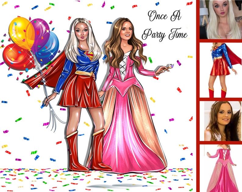 May include: Illustration of two women dressed in costumes, one as Supergirl and the other as a princess. The Supergirl character holds balloons and wears a blue top, red skirt, and boots. The princess wears a pink gown. The text "Once A Party Time" is above them.