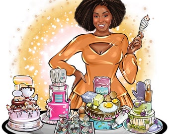 May include: A woman in an orange dress stands in front of a table with various cakes and cupcakes. The cakes are decorated with different colors and designs. There is a mixer, a whisk, and a bag of sugar on the table. The woman is smiling and holding a whisk in her hand.