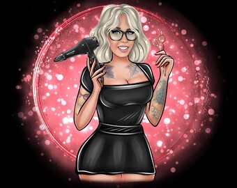 May include: A cartoon illustration of a woman with blonde hair and glasses holding a hairdryer and scissors. She is wearing a black dress and has tattoos on her arms. The background is a pink circle with white dots.