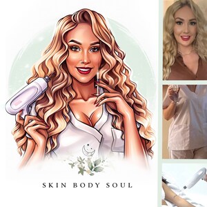 May include: Illustration of a woman with long blonde hair, holding a medical device and a syringe. She wears a white uniform with a crescent moon and floral design. The text "SKIN BODY SOUL" is at the bottom.