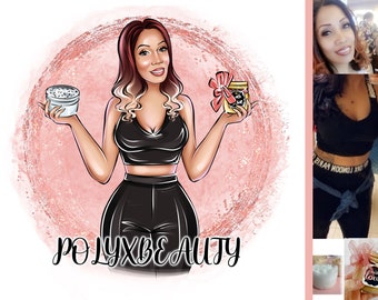 May include: A digital illustration of a woman holding two jars of beauty products. The woman is wearing a black crop top and black trousers. The background is a pink and white watercolour circle with the text "POLYXBBEAUTY".