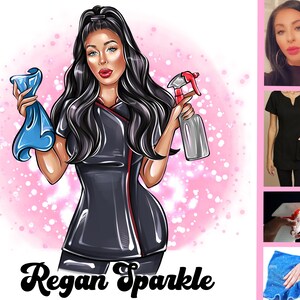 May include: A cartoon illustration of a woman in a black uniform holding a blue cleaning cloth and a spray bottle. The text "Regan Sparkle" is written below the image.