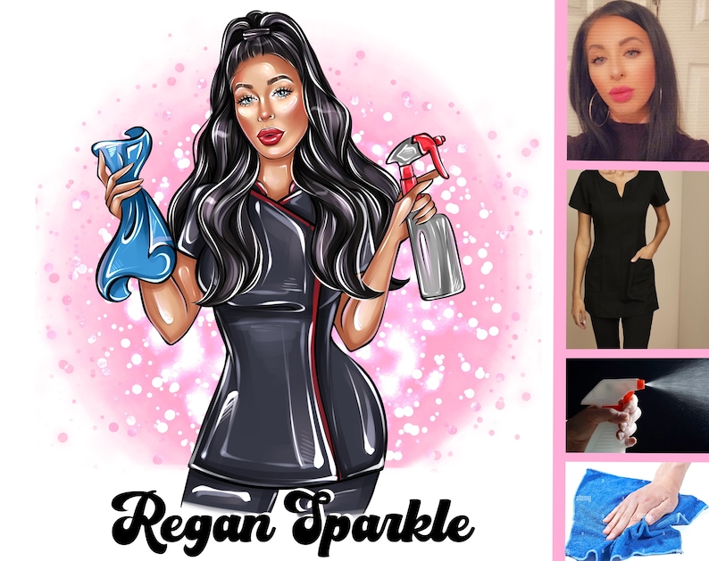 May include: A cartoon illustration of a woman in a black uniform holding a blue cleaning cloth and a spray bottle. The text "Regan Sparkle" is written below the image.