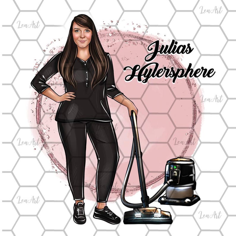 Pu&ograve; includere: Una donna vestita di nero &egrave; in piedi con un aspirapolvere. Il testo "Julias Hylersphere" &egrave; scritto in nero su uno sfondo rosa.