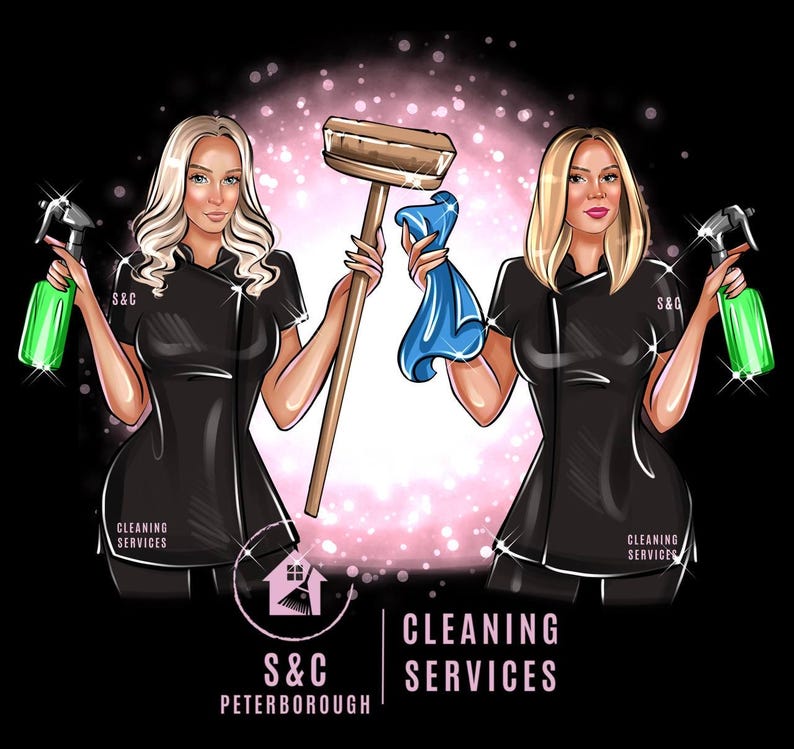 Pu&ograve; includere: Due donne in uniforme nera con prodotti per la pulizia, tra cui uno straccio, uno spruzzino e un panno di pulizia blu. Il testo "S&C Cleaning Services Peterborough" &egrave; in basso nell'immagine.