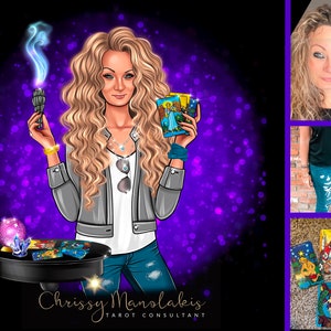 May include: A digital illustration of a woman with long blonde hair holding a smudge stick and tarot cards. The background is purple with sparkles. The text "Chrissy Manolakis Tarot Consultant" is at the bottom of the image.