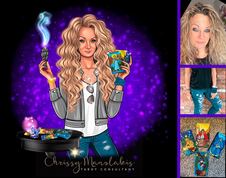 May include: A digital illustration of a woman with long blonde hair holding a smudge stick and tarot cards. The background is purple with sparkles. The text "Chrissy Manolakis Tarot Consultant" is at the bottom of the image.
